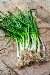 Fresh red and white onions on wood background