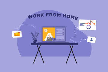 Video call conference, working from home. Colleagues talk to each other on the laptop screen, vector