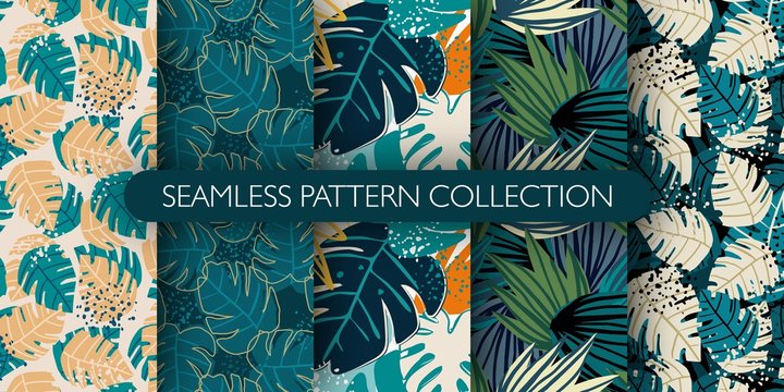 Set Of Jungle Exotic Leaves Seamless Pattern. Hand Drawn Tropical Leaf Wallpaper. Creative Botanical Vector Illustration.