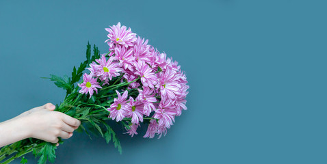 A beautiful spring bouquet of chrysanthemums in children's hands, isolated on a turquoise background with a copy of the space. Greeting card for mother's Day, women's day, grandmother's Day. Banner.
