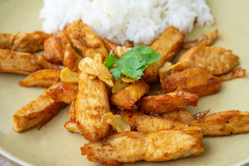 Fried meat chicken with black pepper and Garlic sauce oserved with Thai jasmine rice on the plate. isolated on white background.In Thai it call 