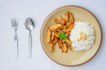 Fried meat chicken with black pepper and Garlic sauce oserved with Thai jasmine rice on the plate. isolated on white background.In Thai it call 