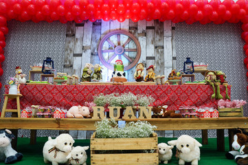 Child's birthday. Farm theme. Cake table with sweets and decoration