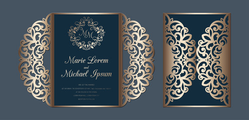 Laser cut wedding invitation gate fold card template vector. Paper cutting card with lace pattern.