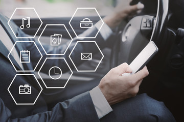 Business man using smart phone with flying network