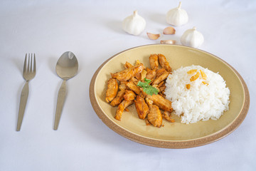Fried meat chicken with black pepper and Garlic sauce oserved with Thai jasmine rice on the plate. isolated on white background.In Thai it call 