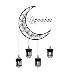 monochrome moon and lanterns hanging ramadan kareem