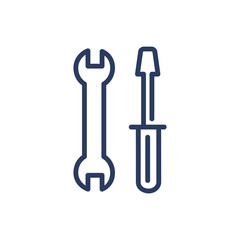 Wrench and screwdriver thin line icon. Setup, appliance, spanner isolated outline sign. Repair and maintenance concept. Vector illustration symbol element for web design and apps