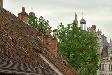 Background of architecture styles. Romanesque, Gothic architecture and avant-garde architecture in...