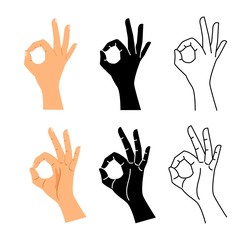 Hand gesture. Ok hand sign illustration. Isolated Okay, agree or perfect black line symbol vector set