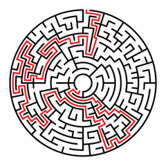 Circle Maze. Find the Way Out Concept. Game for kids. Children's puzzle. Labyrinth conundrum. Simple flat illustration on white background. With place for your image.