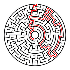 Circle Maze. Find the Way Out Concept. Game for kids. Children's puzzle. Labyrinth conundrum. Simple flat illustration on white background. With place for your image.