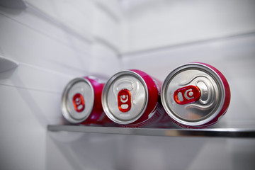 beer in cans lies in the refrigerator