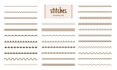 Stitch set. Fabric stitches textures isolated on white background, embroidery sewing threads details, machine sew line pattern elements vector illustration