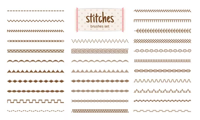 Fotobehang Stitch set. Fabric stitches textures isolated on white background, embroidery sewing threads details, machine sew line pattern elements vector illustration © ssstocker