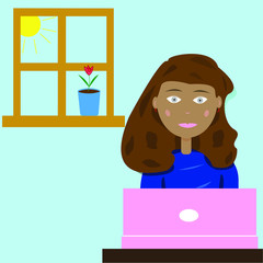 Girl work at home. Comfort self isolation. Lady sitting at the laptop. Young woman do her job online. Work during the quarantine. Stay home. Flower on the windowsill. Vector illustration.