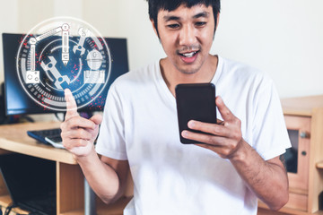 man hold smartphone control industrial factory construction ai artificial intelligence form application to work form home
