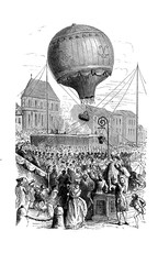 The first hydrogen balloon flight in 1783 of the brothers  Jacques and  Robert Charles with a ...charliere launched  from the Champ de Mars in Paris