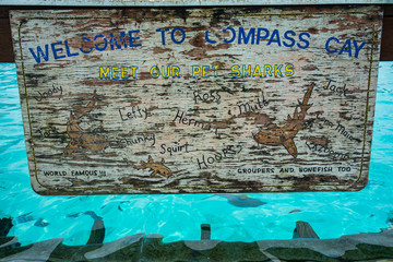 View of the welcome sign to Compass Cay (Great Exuma, Bahamas): the shark island. 