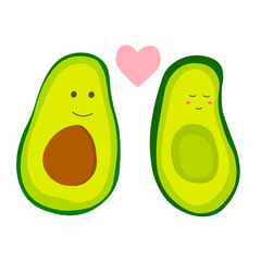 Couple avocado in love, cute cartoon illustration . Two avocado halves with heart, St. Valentine's day greeting card drawing. Vector stock kawaii  illustration isolated on white background.