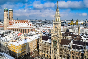 Munich, Germany - 02.03.2019: Snowy birdview of the centre of Munich in winter with rathaus