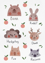 cute baby forest animal set with bear, rabbit, hedgehog, deer, fox and raccoon, card or poster nursery room design,