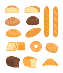 Set of cartoon baking pastry products for bakery menu, recipe book. French baguette, rye bread, whole wheat loaf, bagel, croissant, toast, sourdough, ciabatta, whole grain. Vector flat illustration. 