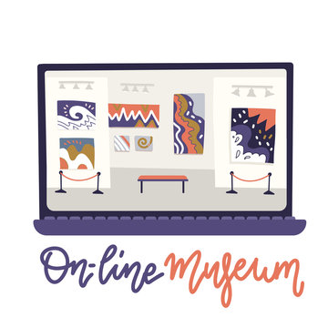 Online museum concept art gallery. The program interface is on the laptop screen. Exhibit abstract squirrel. Vector illustration