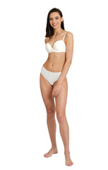 Fototapeta premium Nice attractive adorable lovely serious calm thin skinny brunette girl clean clear smooth healthy skin isolated over light gray background. Hair removal advertisement.