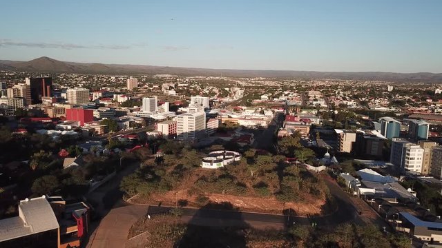 4K aerial drone video, "Three Circles" viewpoint, old water storage reservoirs in Klein Windhoek residential suburb in Namibia's capital in central highland Khomas Hochland of Namibia, southern Africa