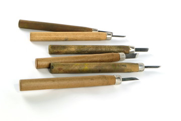 Equipment for wood carving, graphic arts on white