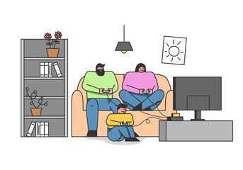 Family Leisure Concept. Happy Family Dad, Mom And Son Spending Time Together At Home Playing Video Games. Characters Play Game Console In Living Room. Cartoon Linear Outline Flat Vector Illustration © Iryna Petrenko