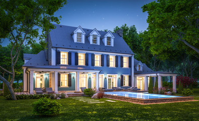 Fototapeta premium 3d rendering of modern cozy classic house in colonial style with garage and pool for sale or rent with beautiful landscaping on background. Clear summer night with many stars on the sky.