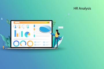 Human Resources Concept, HR officer hold a big magnifier and focus on the screen of laptop to recruit a new staff or analyze a performance of employee in blue green shade color background.