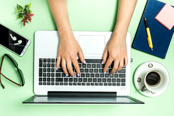 
Remote freelance work at home, closeup image of a young professional female manager with laptop....