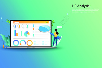 Human Resources Concept, HR officer hold a big magnifier and focus on the screen of laptop to recruit a new staff or analyze a performance of employee in blue green shade color background.