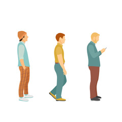 Three men in modern clothes in full growth stand in line after each other, cartoon vector illustration
