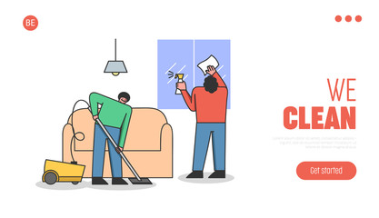 Concept Of Cleaning Service. Website Landing Page. Man And Women Vacuuming Floor And Clean Windows. Characters Doing Wet Cleaning In Room. Web Page Cartoon Linear Outline Flat Vector Illustration