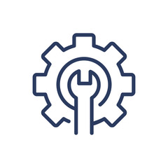 Wrench and gear thin line icon. Machinery, cogwheel, mechanism isolated outline sign. Repair and maintenance concept. Vector illustration symbol element for web design and apps