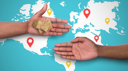Global delivery service. Collage with world map and people exchanging parcels over it, closeup....