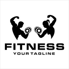 Fitness club logo with exercising athletic man and woman isolated on white, vector illustration