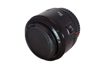 Digital camera lens isolate on white background close-up.