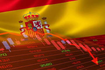 Spain Flag and Economic Downturn With Stock Exchange Market Indicators in Red
