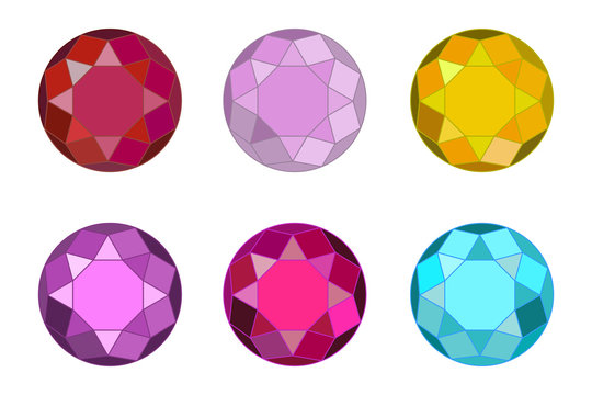Six unique buttons in the form of precious stones. Buttons in the form of stones of different colors. Buttons in the form of diamonds, topazes, rubies, chrysolite. Vector illustration. Stock Photo.