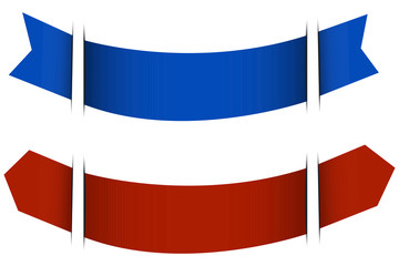 Two ribbons of red and blue saturated colors. Festive ribbons with different shapes of ends. Ribbons of a unique design and pattern on a white background. Vector illustration. Stock Photo.