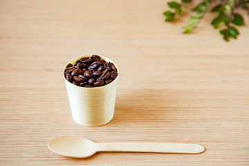 coffee beans, in disposable, eco-friendly dishes.without plastic.
