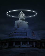 Imaginary World - Big Buddha Statue Illuminated By Neon Ring