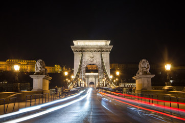 The Chain Bridge in Budapest in the evening. Sightseeing in Hungary.