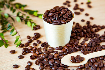 coffee beans, in disposable, eco-friendly dishes.without plastic.