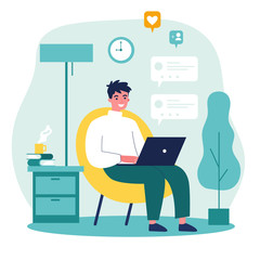 Happy guy using computer for online chat. Young man with laptop sitting in armchair at home. Vector illustration for communication, social media network, digital marketing concept
